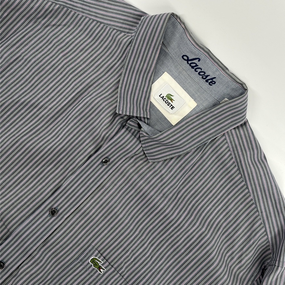 Lacoste Men's Size 2XL Long Sleeve Striped Button Up Dress Shirt Grey Pink White